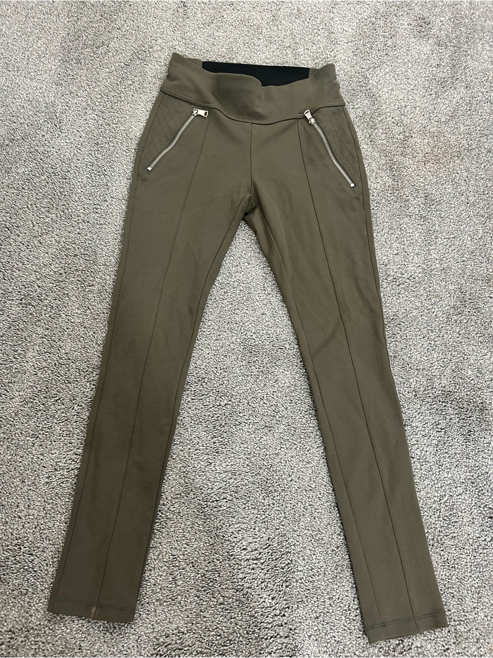 Olive Green Slim Ponte Pants with Zip Pockets